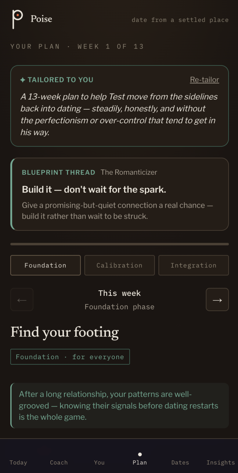 Plan screen showing a tailored 13-week plan, the blueprint thread for The Romanticizer, the Foundation/Calibration/Integration phases, and this week's focus: Find your footing.